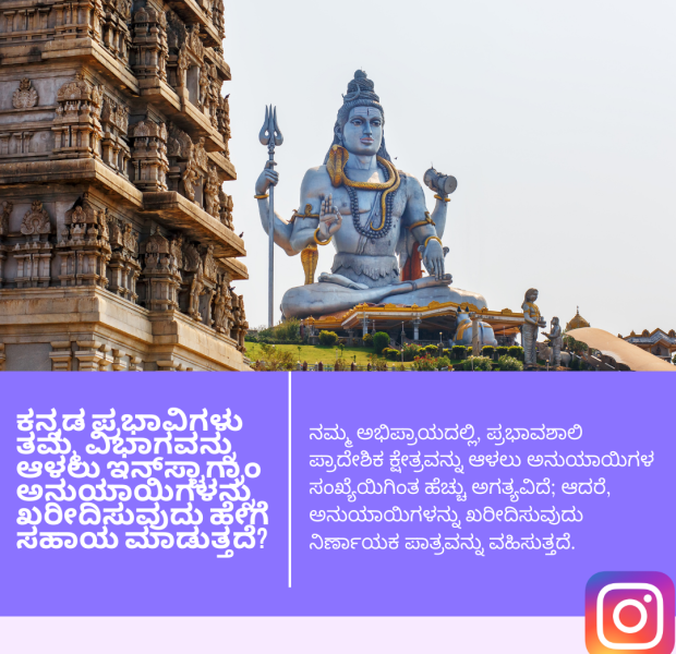 ಕನ್ನಡ ಪ್ರಭಾವಿಗಳು ತಮ್ಮ ವಿಭಾಗವನ್ನು ಆಳಲು ಇನ್_ಸ್ಟಾಗ್ರಾಂ ಅನುಯಾಯಿಗಳನ್ನು ಖರೀದಿಸುವುದು ಹೇಗೆ ಕಡೆಯಲ್ಲಿ ಶಿವನ ದೊಡ್ಡ ಪ್ರತಿಮೆ ಮತ್ತು ಪಾರಂಪರಿಕ ದಕ್ಷಿಣ ಭಾರತೀಯ ದೇವಾಲಯದ ಗೋಪುರದ ಚಿತ್ರ, ಹಿಂಬಾಗದಲ್ಲಿ ಕನ್ನಡದಲ್ಲಿ ಪಠ್ಯ. ಕೆಳಭಾಗದಲ್ಲಿ ಇನ್ಸ್ಟಾಗ್ರಾಮ್ ಲೋಗೋ.