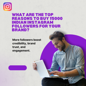 Infographic showing a brand profile growing from 0 to 15,000 Indian Instagram followers with credibility and trust icons.
