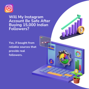 Will My Instagram Account Be Safe After Buying 15,000 Indian Followers? Text graphic with reassurance about account safety.
