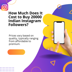 Colorful graphic with a hand holding a smartphone and text asking about the cost of buying 20,000 Indian Instagram followers, with pricing information.