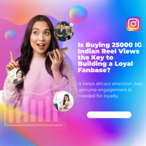 Colorful image of a woman holding a phone surrounded by small profile images, with text questioning whether buying 25,000 IG Indian Reel Views helps build a loyal fanbase.