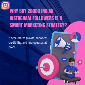 3D graphic showing a man with a mobile phone, social media icons, a megaphone, and a target symbol, alongside text explaining the marketing benefits of buying 20,000 Indian Instagram followers.