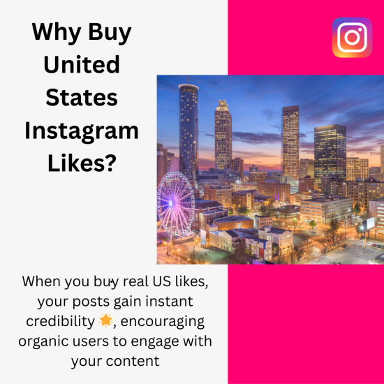 Why Buy United States Instagram Likes Skyline of a U.S. city at sunset with skyscrapers and a Ferris wheel, accompanied by text discussing the benefits of buying United States Instagram likes.