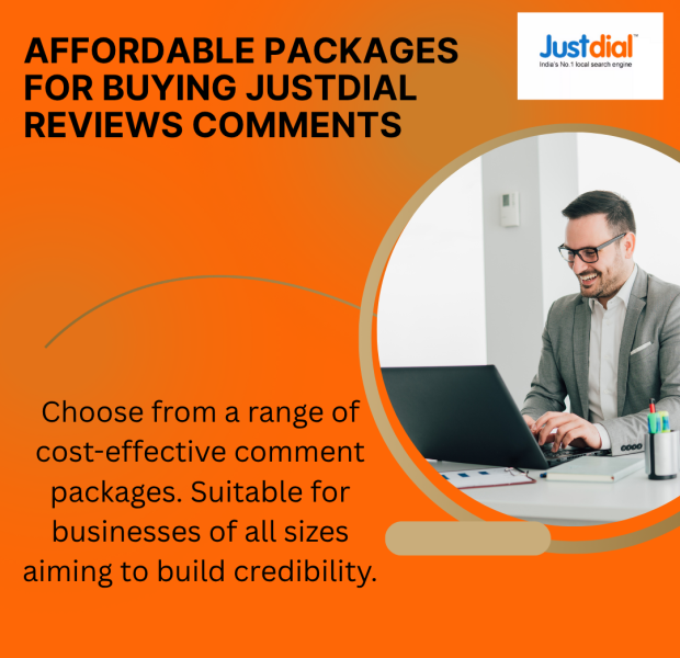 Affordable Packages for Buying JustDial Reviews Comments Professional businessman in gray suit and glasses smiling while working on laptop at white desk, with orange gradient background featuring text "AFFORDABLE PACKAGES FOR BUYING JUSTDIAL REVIEWS COMMENTS"