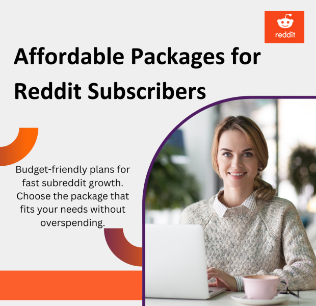 Affordable Packages for Reddit Subscribers Professional woman in cream cable-knit sweater smiling while working on laptop at white desk with coffee cup, set against colorful geometric background featuring Reddit logo and text "Affordable Packages for Reddit Subscribers".