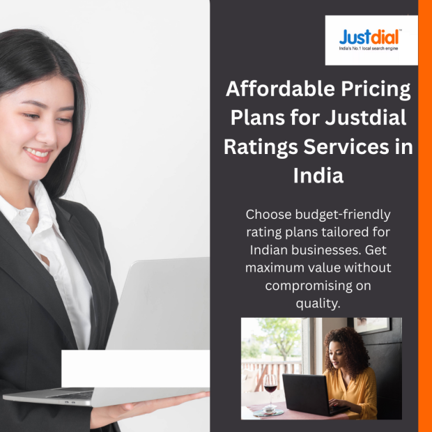 Affordable Pricing Plans for Justdial Ratings Services in India Professional Asian woman in dark blazer smiling while holding laptop, alongside woman in yellow top working at desk with wine glass, set against gray and orange background featuring JustDial logo and text "Affordable Pricing Plans for Justdial Ratings Services in India".