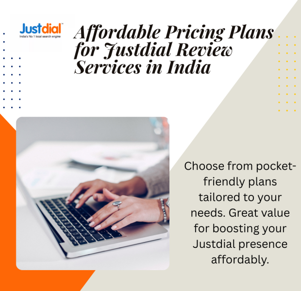 Affordable Pricing Plans for Justdial Review Services in India Professional woman in cream sweater typing on laptop at white desk with coffee cup, set against orange and gray geometric background featuring JustDial logo and text "Affordable Pricing Plans for Justdial Review Services in India".