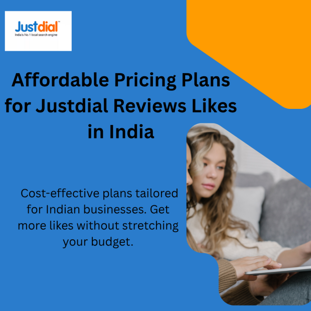 Affordable Pricing Plans for Justdial Reviews Likes in India Professional woman in cream cable-knit sweater and gray pants smiling while using tablet device, set against blue and orange geometric background featuring JustDial logo and text "Affordable Pricing Plans for Justdial Reviews Likes in India".