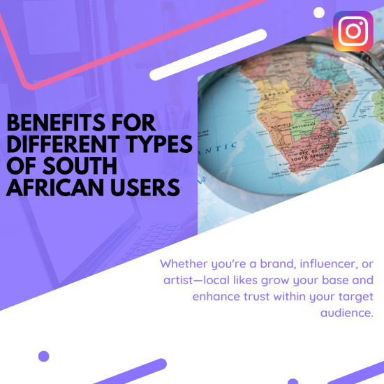 Benefits for Different Types of South African Users Purple and orange gradient background with magnifying glass focusing on map of Africa, featuring Instagram logo and bold text "BENEFITS FOR DIFFERENT TYPES OF SOUTH AFRICAN USERS"