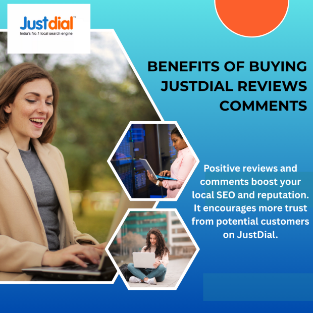 Benefits of Buying JustDial Reviews Comments Professional woman in cream cable-knit sweater smiling while working on laptop at white desk, alongside hexagonal frames showing woman in pink blazer at computer and woman with laptop outdoors, set against blue gradient background featuring JustDial logo and bold black text "BENEFITS OF BUYING JUSTDIAL REVIEWS COMMENTS".