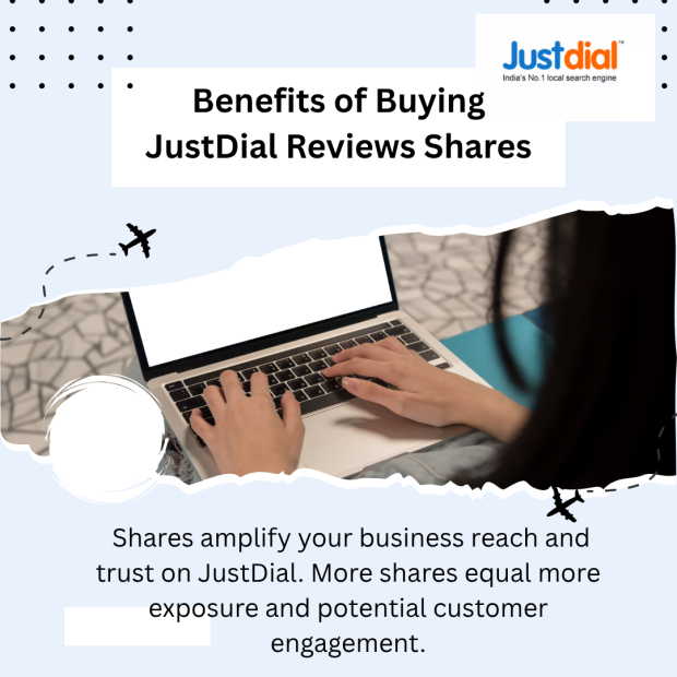 Benefits of Buying JustDial Reviews Shares Hands typing on a laptop keyboard beneath the JustDial logo and the heading “Benefits of Buying JustDial Reviews Shares” on a light blue background