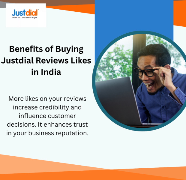 Benefits of Buying Justdial Reviews Likes in India Professional businessman in blue shirt and glasses smiling while making phone call at white desk with laptop, set against blue and orange geometric background featuring JustDial logo and bold black text "Benefits of Buying Justdial Reviews Likes in India" with descriptive text explaining how more likes on reviews increase credibility and influence customer decisions while enhancing business reputation trust.