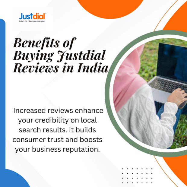 Benefits of Buying Justdial Reviews in India Woman wearing a pink hijab and a white cable-knit sweater is seated outdoors on grass, working on a silver laptop within a circular frame against a geometric gray and orange background featuring the JustDial logo and bold text “Benefits of Buying JustDial Reviews in India,”.