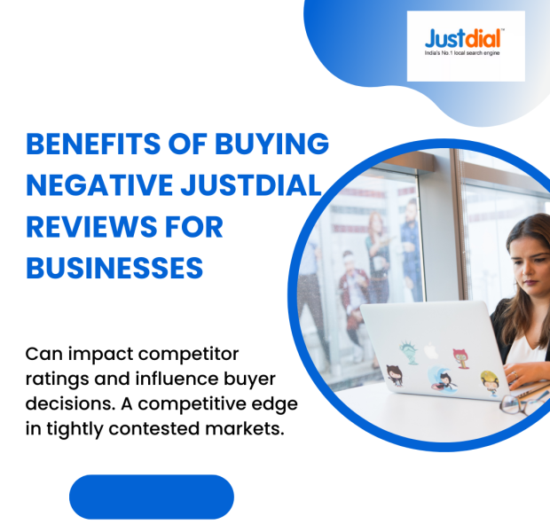 Benefits of Buying Negative Justdial Reviews for Businesses Blue and white graphic featuring the JustDial logo in the top right corner and bold text “BENEFITS OF BUYING NEGATIVE JUSTDIAL REVIEWS FOR BUSINESSES,” alongside a circular photo of a woman using a laptop, with subtext explaining how negative reviews can impact competitor ratings and influence buyer decisions for a competitive edge in tight markets.