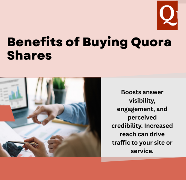 Benefits of Buying Quora Shares Two people discussing analytics at a desk with a laptop and documents, set beneath a pink and coral background featuring the Quora logo and bold black text "Benefits of Buying Quora Shares," with a box explaining that buying shares boosts answer visibility, engagement, perceived credibility, and can drive traffic to your site or service.