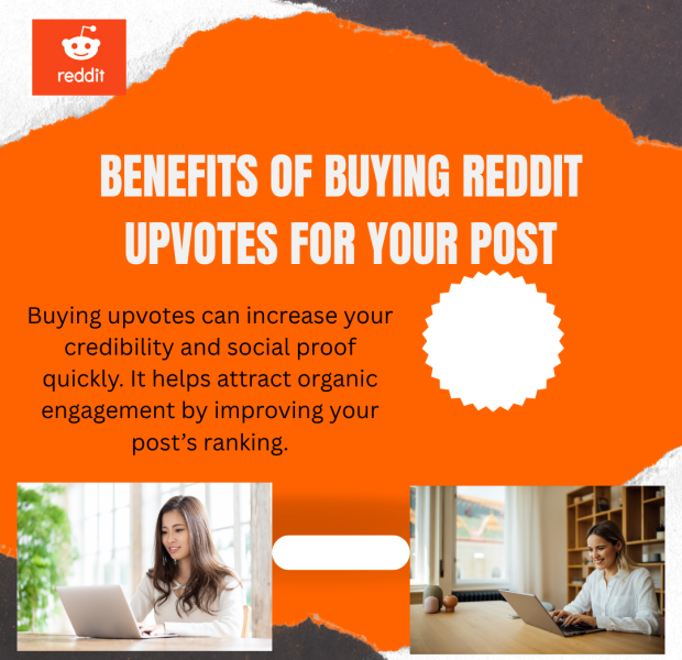 Benefits of Buying Reddit Upvotes for Your Post Promotional graphic with an orange background showing the Reddit logo and bold white text “BENEFITS OF BUYING REDDIT UPVOTES FOR YOUR POST,” accompanied by a megaphone icon and two images of users working on laptops linked by an arrow, highlighting how purchased upvotes can boost visibility.