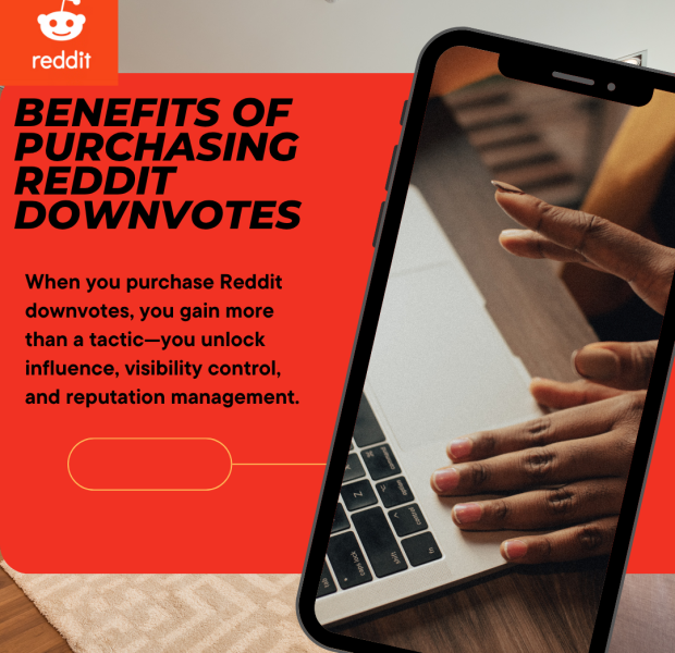 Benefits of Purchasing Reddit Downvotes Hands typing on a laptop keyboard beneath the JustDial logo and the heading âBenefits of Buying Reddit Downvotes,â set against a red and black geometric background with a smartphone displaying a Reddit post interface and explanatory text about influence and reputation control.