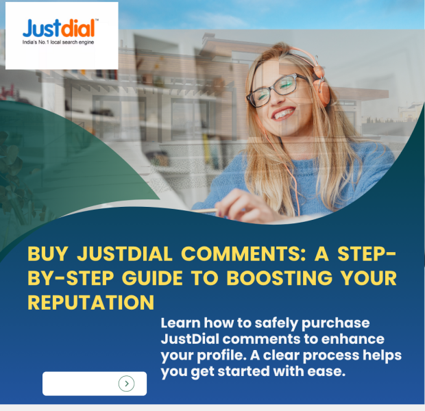Buy JustDial Comments_ A Step-by-Step Guide to Boosting Your Reputation A promotional graphic showing the JustDial logo in the top left corner and large yellow text āBUY JUSTDIAL COMMENTS: A STEP-BY-STEP GUIDE TO BOOSTING YOUR REPUTATIONā against blue and green wave shapes, with a smiling woman wearing orange headphones working on a laptop on the right side and supporting white subtext beneath the headline.