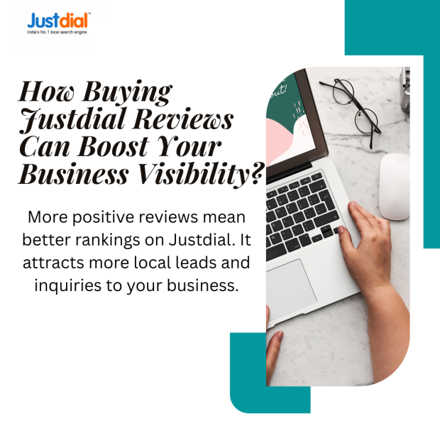 How Buying Justdial Reviews Can Boost Your Business Visibility Hands poised above a silver laptop keyboard on a white marble tabletop, with black-rimmed glasses resting beside the computer and a Justdial logo in the top left corner. The headline “How Buying Justdial Reviews Can Boost Your Business Visibility?” appears in bold black serif text, and beneath it the subtext reads “More positive reviews mean better rankings on Justdial. It attracts more local leads and inquiries to your business.”