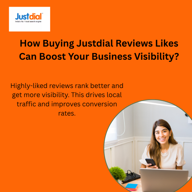 How Buying Justdial Reviews Likes Can Boost Your Business Visibility A pair of hands poised over a silver laptop keyboard with black-rimmed glasses resting nearby on a white desk, set against a vibrant orange backdrop featuring the JustDial logo in the top left and bold black text reading āHow Buying JustDial Reviews Likes Can Boost Your Business Visibility?ā