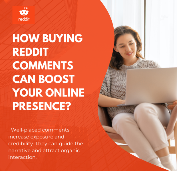 How Buying Reddit Comments Can Boost Your Online Presence A smiling woman seated on a chair using a laptop computer, positioned to the right of an orange background that displays the Reddit logo and the headline “HOW BUYING REDDIT COMMENTS CAN BOOST YOUR ONLINE PRESENCE?” with subtext reading “Well-placed comments increase exposure and credibility. They can guide the narrative and attract organic interaction.”