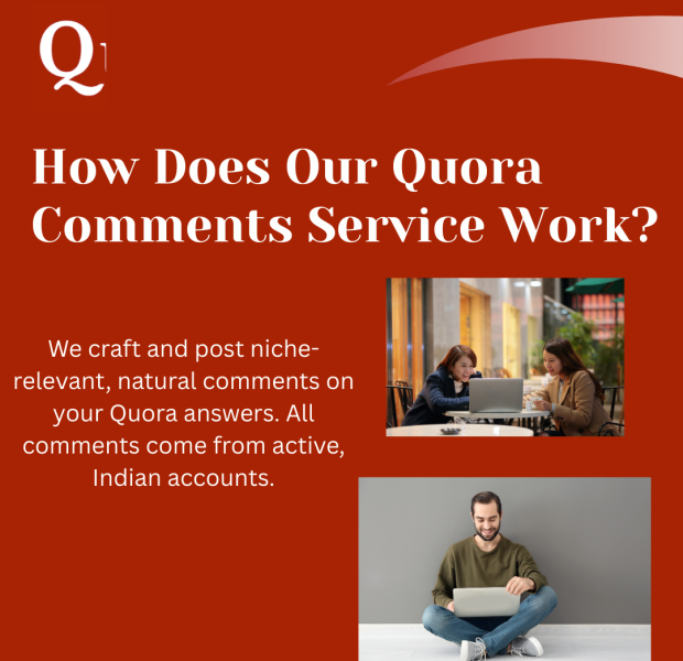 How Does Our Quora Comments Service Work Red background with the Quora logo at the top left and bold white text “How Does Our Quora Comments Service Work?” accompanied by two photographs: one of two women collaborating on a laptop in a café and another of a man sitting cross-legged on the floor using a laptop, with descriptive overlay text explaining niche-relevant, natural comments from active Indian accounts.