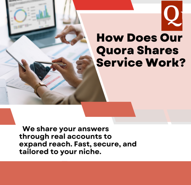 How Does Our Quora Shares Service Work Red background featuring the Quora logo in the top left corner and bold white text âHow Does Our Quora Comments Service Work?â alongside two inset photographs: one of two women collaborating on a laptop in a cafĂŠ and another of a man seated cross-legged using a laptop, with overlay text explaining niche-relevant, natural comments from active Indian accounts.