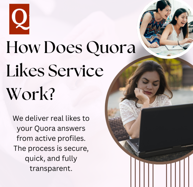 How Does Quora Likes Service Work Promotional graphic with the Quora logo in the top left corner, bold black headline reading “How Does Quora Likes Service Work?”, supporting text explaining “We deliver real likes to your Quora answers from active profiles. The process is secure, quick, and fully transparent,” and two circular inset photos—one showing two smiling women collaborating over a laptop and another showing a focused woman working on a laptop—set against a soft pink and white background with decorative vertical lines.
