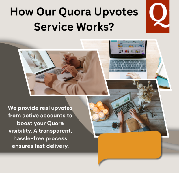 How Our Quora Upvotes Service Works Beige canvas with a dark gray geometric overlay, the Quora “Q” logo in the top right, bold black heading “How Our Quora Upvotes Service Works?”, three tilted photo frames showing people working on laptops in office and home settings, and an orange speech bubble in the bottom right.