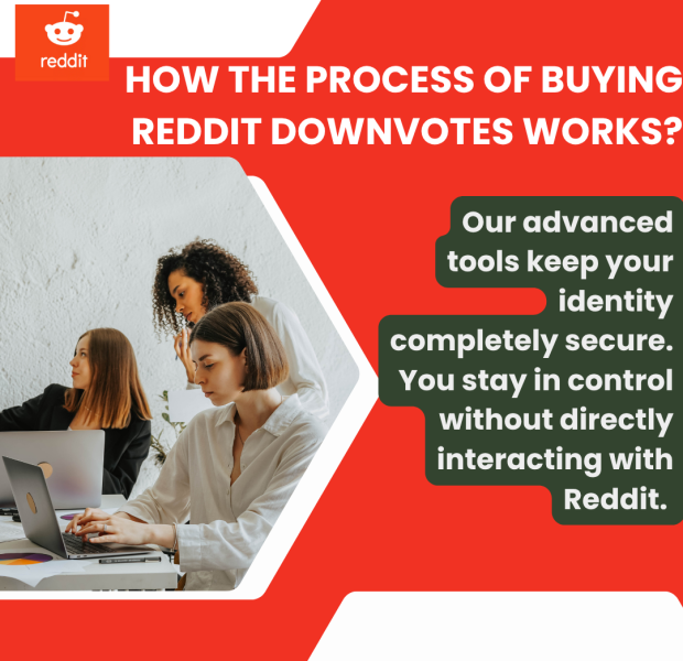 How the Process of Buying Reddit Downvotes Works Three professionals seated at a table working on laptops beneath a bold red banner displaying the Reddit logo and large white text âHOW THE PROCESS OF BUYING REDDIT DOWNVOTES WORKS?â alongside a dark green text box reading âOur advanced tools keep your identity completely secure. You stay in control without directly interacting with Reddit.â
