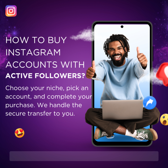 How to Buy Instagram Accounts with Active Followers A vibrant purple gradient background featuring the Instagram logo in the top left corner and large white text reading “HOW TO BUY INSTAGRAM ACCOUNTS WITH ACTIVE FOLLOWERS?”