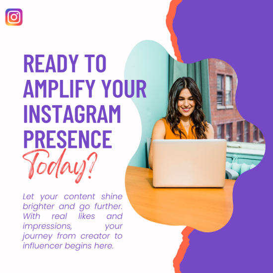 Ready to Amplify Your Instagram Presence Today Promotional Instagram-themed graphic with a purple and orange abstract background. On the left, bold purple and red text reads “Ready to Amplify Your Instagram Presence Today?”