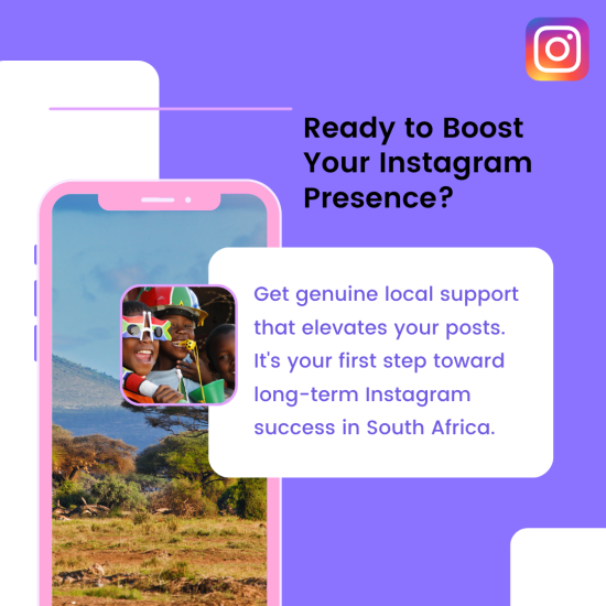 Ready to Boost Your Instagram Presence A vibrant purple and lavender promotional graphic featuring the Instagram logo in the top right corner. On the left, a pink-framed smartphone displays a scenic South African landscape with acacia trees and mountains, and an inset shows a person in colorful traditional attire.