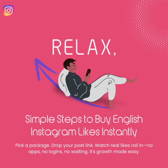 Simple Steps to Buy English Instagram Likes Instantly Illustration of a relaxed person lounging on a curved arrow while holding a smartphone, set against a bright pink background with the Instagram logo in the top left.