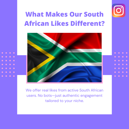 What Makes Our South African Likes Different A promotional Instagram-themed graphic with a pastel purple background and white center panel. At the top, bold lavender text reads “What Makes Our South African Likes Different?”