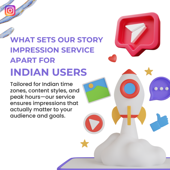 What Sets Our Story Impression Service Apart for Indian Users Instagram-themed promotional graphic with a purple headline reading “What Sets Our Story Impression Service Apart for Indian Users,” followed by black subtext about tailored impressions for Indian time zones, content styles, and peak hours