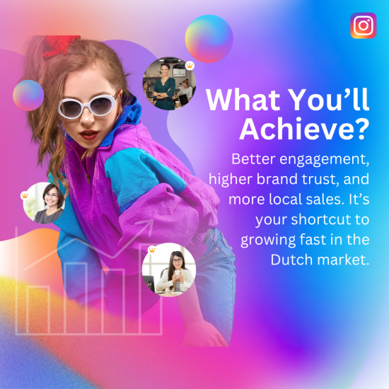 What You’ll Achieve A vibrant, multicolored Instagram-themed graphic featuring a woman in a retro purple and blue jacket against a gradient background of pink, purple, and blue.