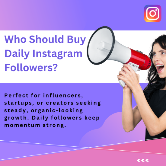 Who Should Buy Daily Instagram Followers A modern Instagram-themed graphic with a purple and pink gradient background. On the left, bold text reads “Who Should Buy Daily Instagram Followers?”