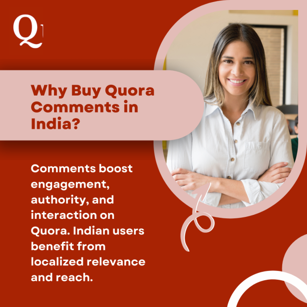 Why Buy Quora Comments in India A woman smiling and standing in a modern office, next to a graphic explaining why buying Quora comments in India can help boost engagement, authority, and reach on the platform.