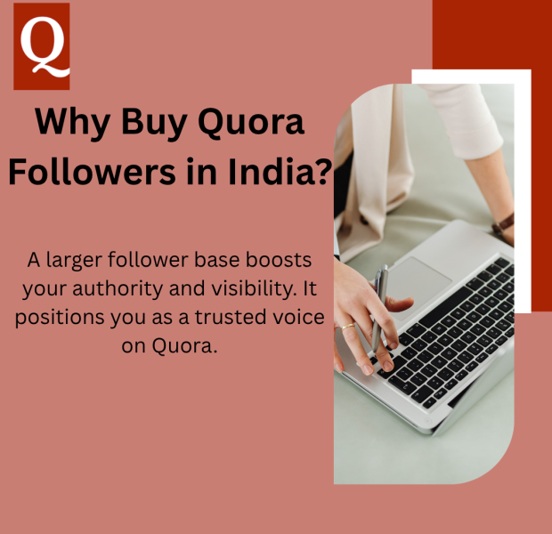 Why Buy Quora Followers in India A close-up shot of a hand holding a pen while typing on a laptop, with a graphic explaining the benefits of buying Quora followers in India.