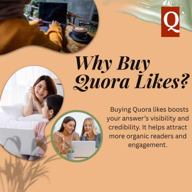 Why Buy Quora Likes A collage of three images showing people interacting with devices, accompanied by a graphic explaining the benefits of buying Quora likes.