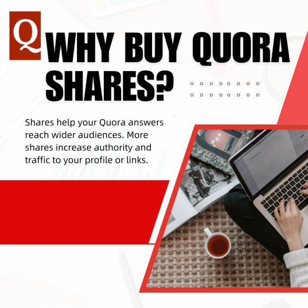Why Buy Quora Shares A close-up of hands typing on a laptop with a cup of coffee, along with a graphic explaining the benefits of buying Quora shares.