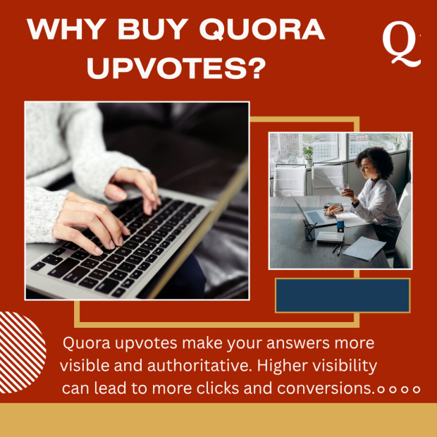 Why Buy Quora Upvotes A close-up of hands typing on a laptop and a woman sitting at a desk, with a graphic explaining the benefits of buying Quora upvotes.