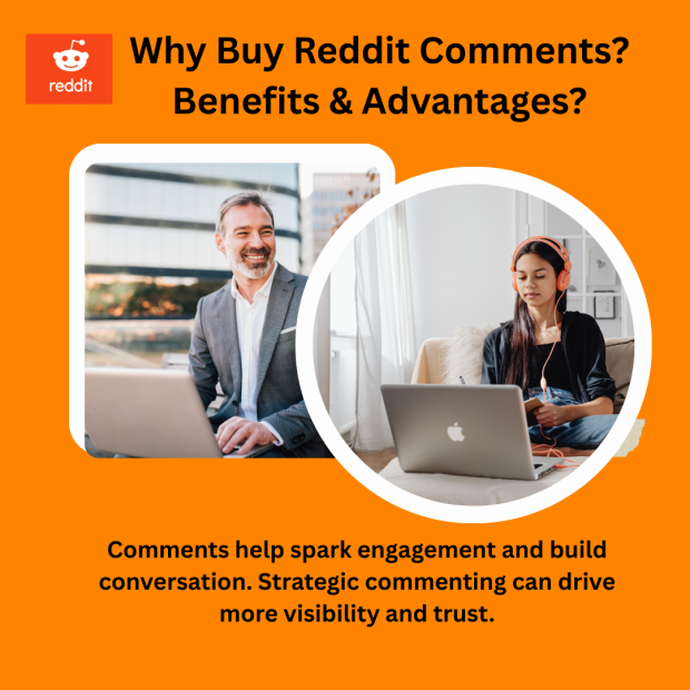 Why Buy Reddit Comments_ Benefits & Advantages A man smiling while working on a laptop and a woman with headphones typing on her laptop, with a graphic explaining the benefits of buying Reddit comments.