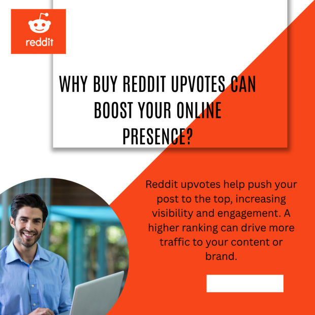 Why Buy Reddit Upvotes Can Boost Your Online Presence A man smiling and working on a laptop in a bright, modern office, with a graphic explaining the benefits of buying Reddit upvotes.
