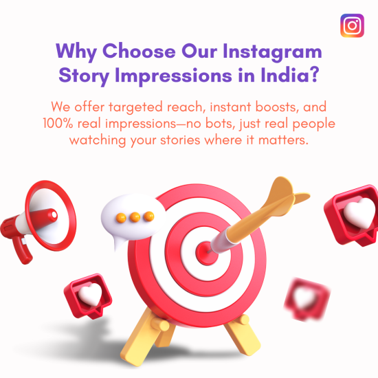 Why Choose Our Instagram Story Impressions in India A dart hitting the center of a bullseye target, with icons of a megaphone and heart, representing Instagram story impressions.