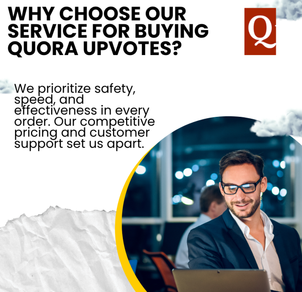 Why Choose Our Service For Buying Quora Upvotes A professional person in business attire working on a laptop, smiling in a well-lit office with a blurred background. The image highlights the benefits of buying Quora upvotes.