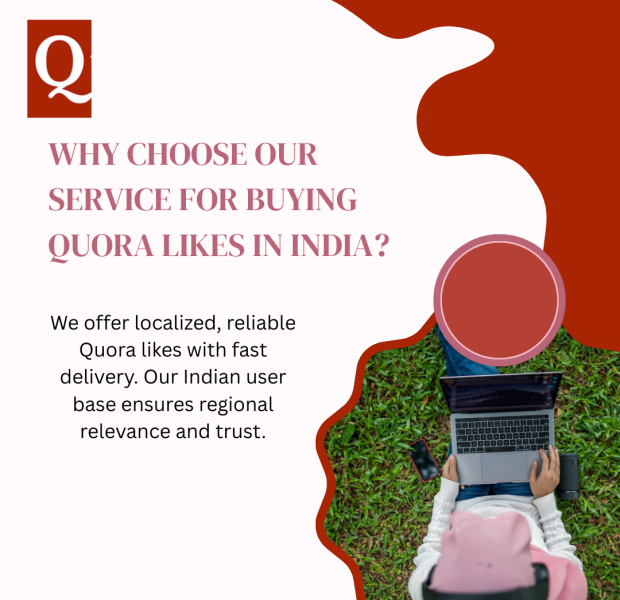 Why Choose Our Service for Buying Quora Likes in India A person sitting on the grass with a laptop, typing, with a graphic explaining the benefits of buying Quora likes in India.