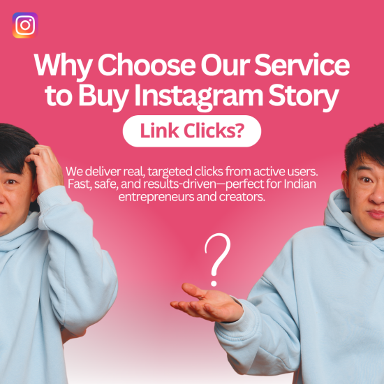 Why Choose Our Service to Buy Instagram Story Link CLicks Two people in light blue hoodies, one smiling and the other shrugging, with a vibrant pink background. The image highlights a service for buying Instagram Story link clicks.