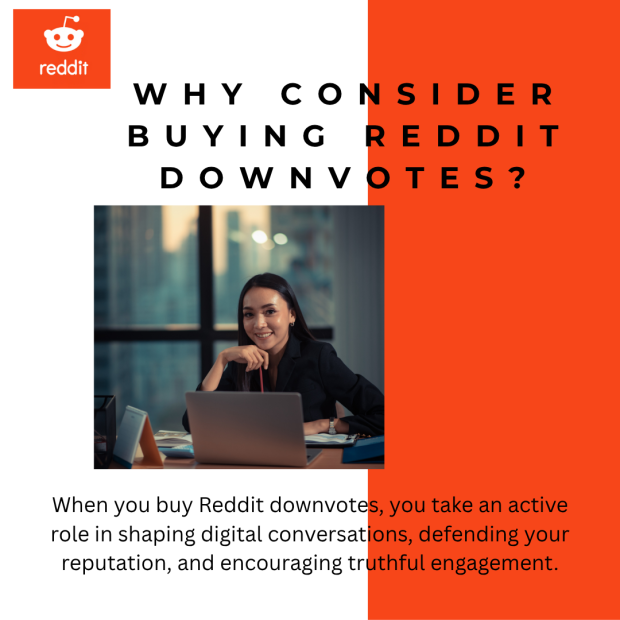 Why Consider Buying Reddit Downvotes A woman sitting at a desk with a laptop, discussing the concept of buying Reddit downvotes to shape online conversations.